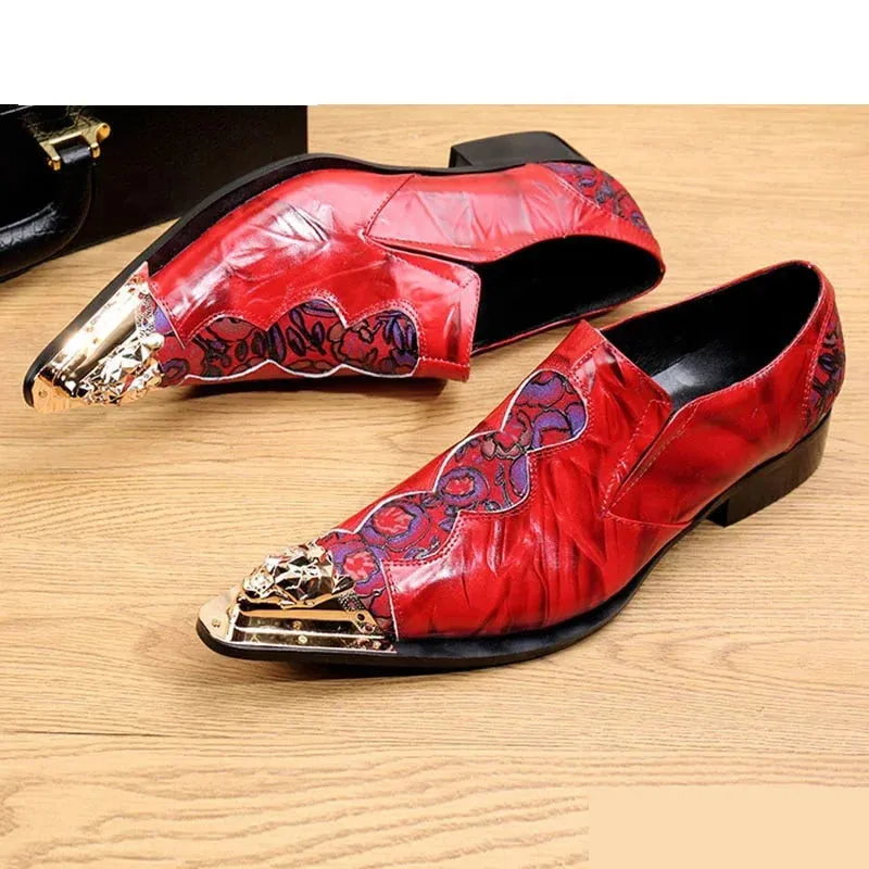 Men's Red Genuine Leather Pointed Metal Toe Slip-On Dress Shoes