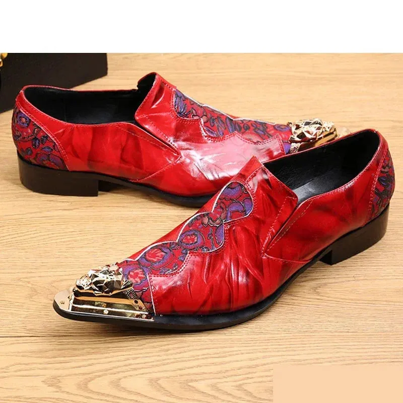 Men's Red Genuine Leather Pointed Metal Toe Slip-On Dress Shoes