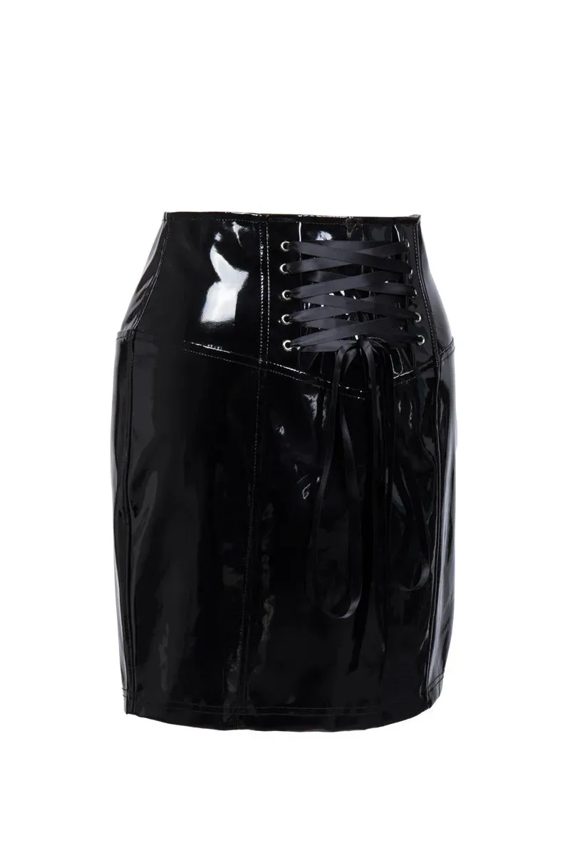 Patent Leather Nightclub High Waist Lace-up Skirt