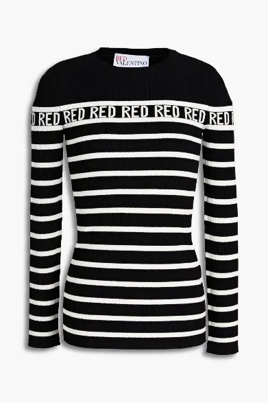 RED VALENTINO  |Stripes U-Neck Long Sleeves Logo V-neck & Crew neck