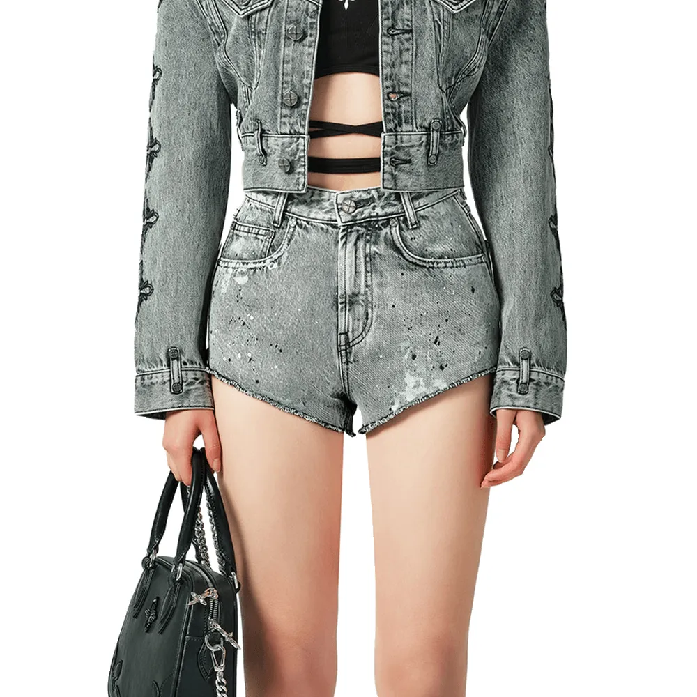 Sexy High Waist Straight Leg Shorts with Embroidery on Back / Women's Denim Clothing