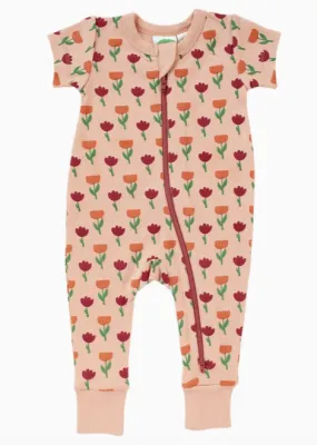 Short Sleeve Zip Romper - Tulips