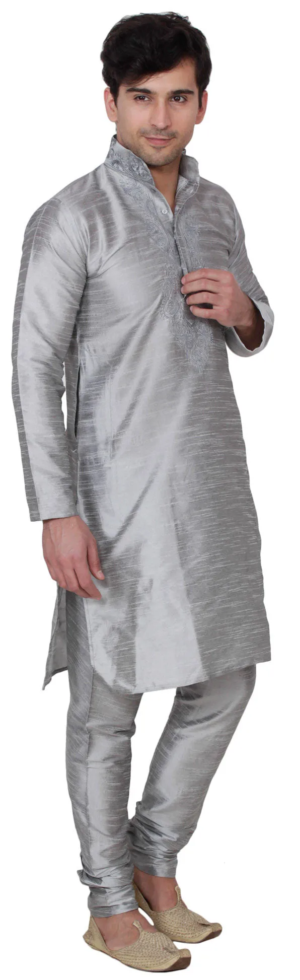 Silk Embroidered Mens Kurta Pajama India Clothing (Grey)