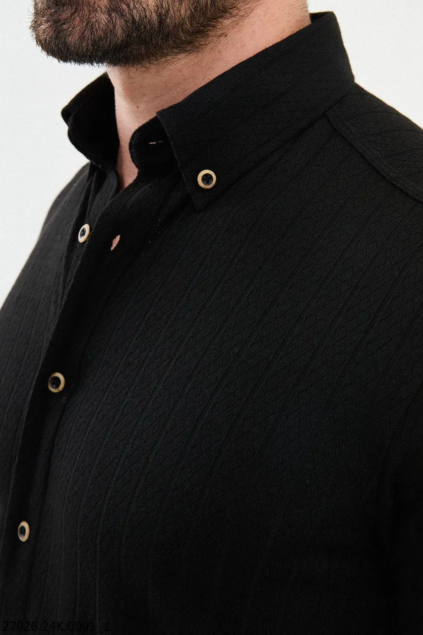 Sleek Black Textured Casual Shirt with Gold-Toned Button Accents.