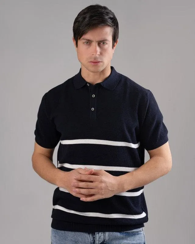 STRIPED KNIT POLO SHIRT  -DARK NAVY