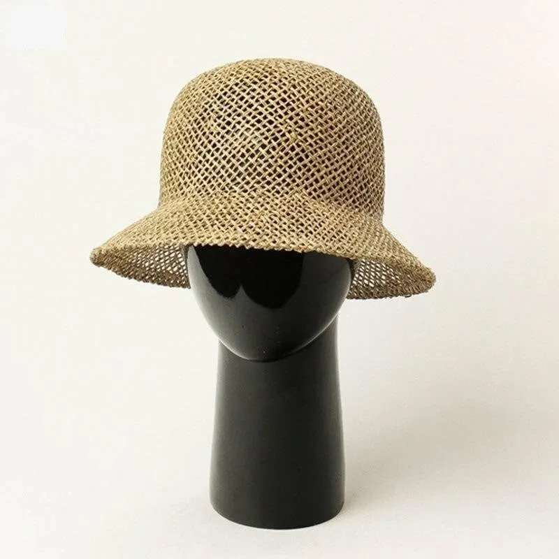 Summer Women's Dome Bell Shaped Seaweed Straw Hat for Outdoor Beach Travel