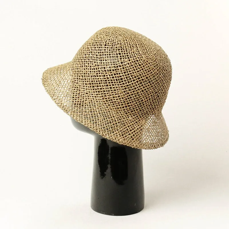 Summer Women's Dome Bell Shaped Seaweed Straw Hat for Outdoor Beach Travel