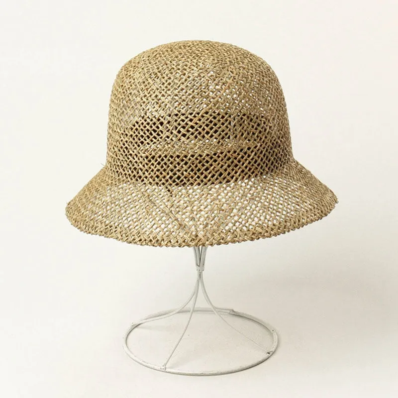 Summer Women's Dome Bell Shaped Seaweed Straw Hat for Outdoor Beach Travel