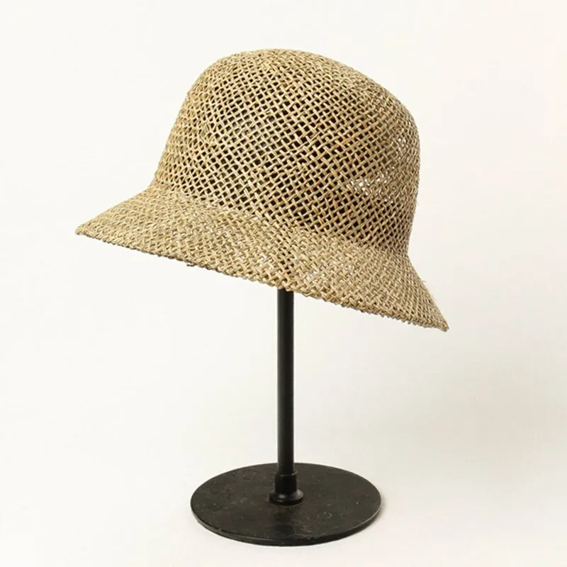 Summer Women's Dome Bell Shaped Seaweed Straw Hat for Outdoor Beach Travel