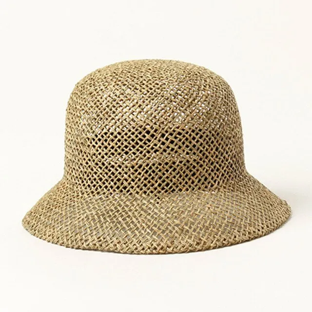 Summer Women's Dome Bell Shaped Seaweed Straw Hat for Outdoor Beach Travel