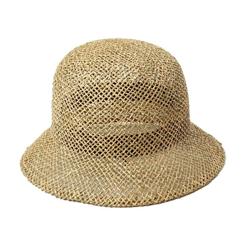 Summer Women's Dome Bell Shaped Seaweed Straw Hat for Outdoor Beach Travel