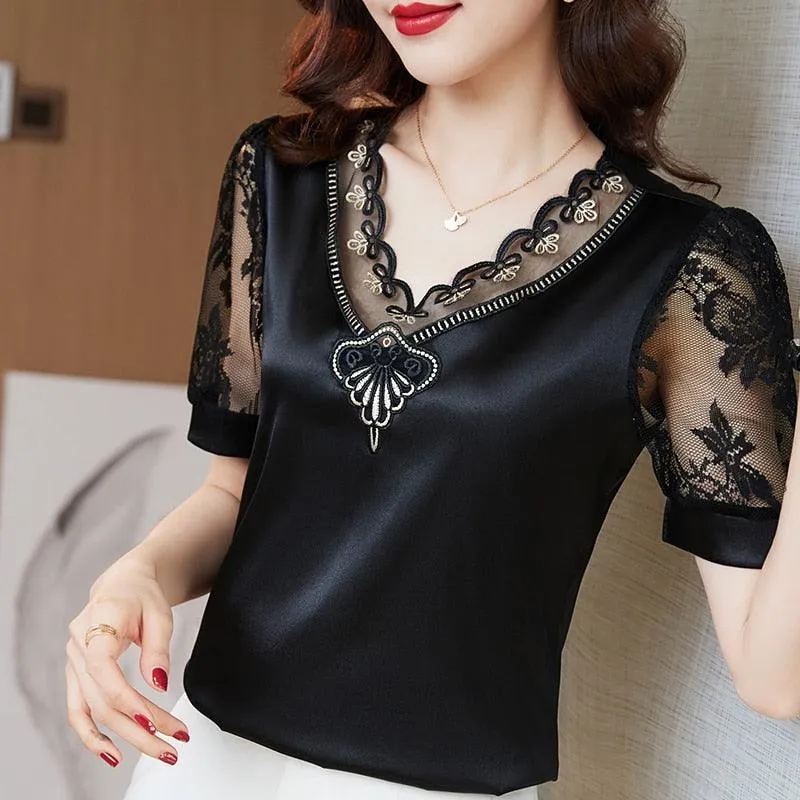 V neck Stitching Satin lace Short sleeve Flower Mesh Top