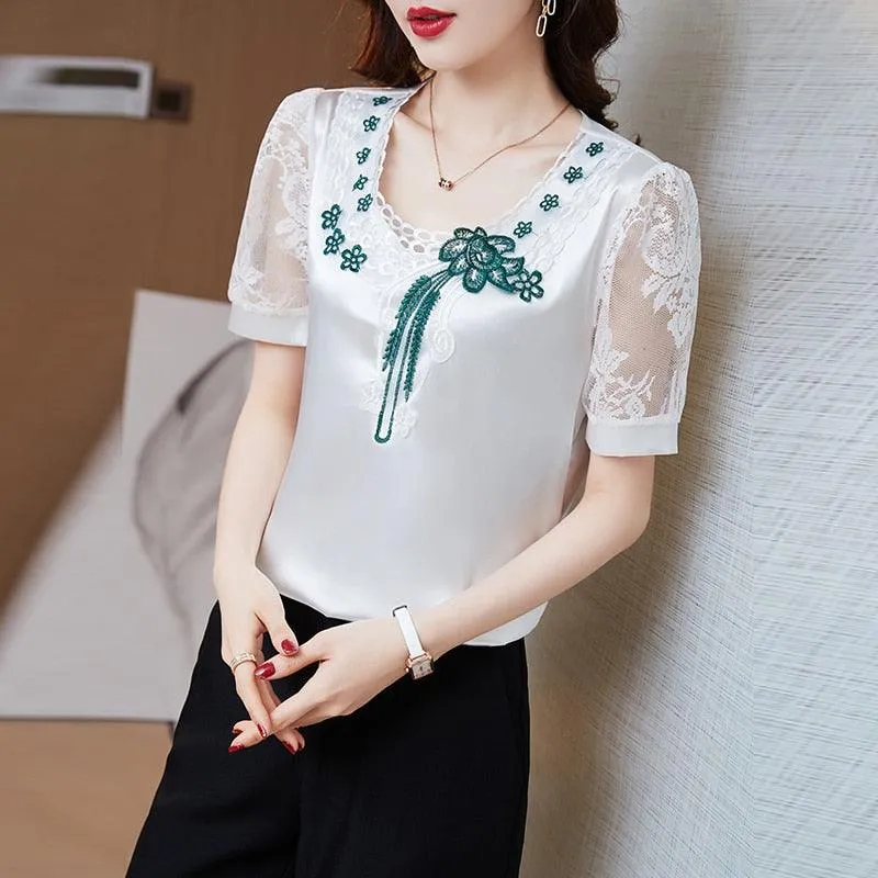 V neck Stitching Satin lace Short sleeve Flower Mesh Top