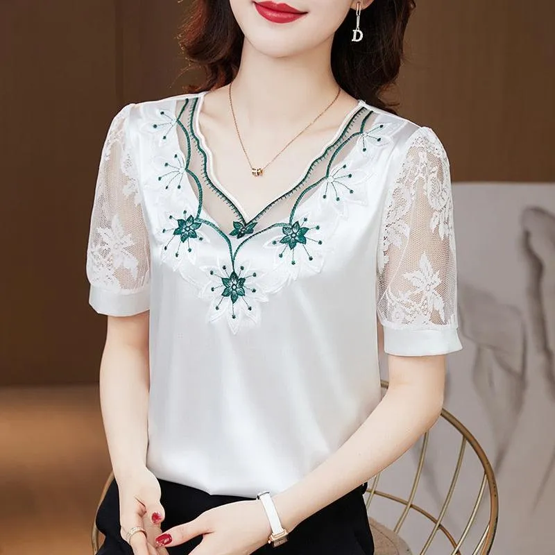 V neck Stitching Satin lace Short sleeve Flower Mesh Top