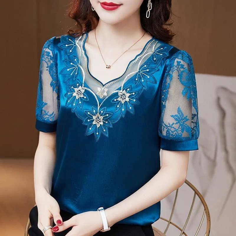 V neck Stitching Satin lace Short sleeve Flower Mesh Top