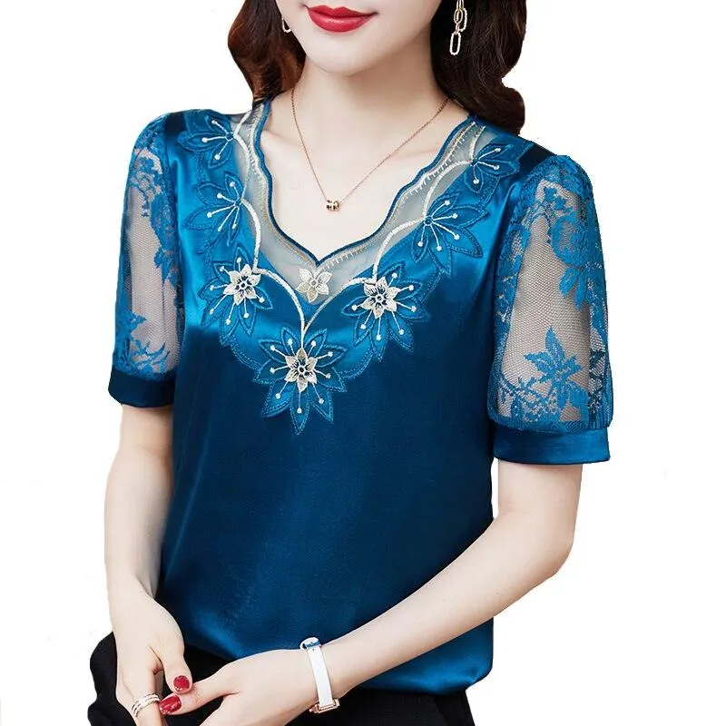 V neck Stitching Satin lace Short sleeve Flower Mesh Top