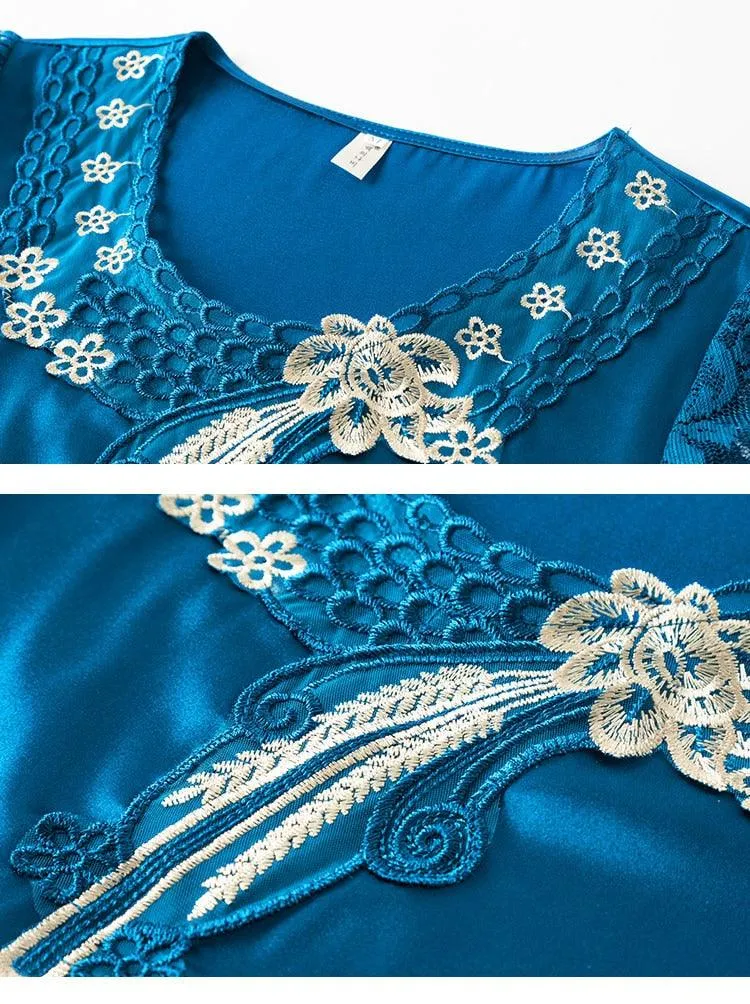 V neck Stitching Satin lace Short sleeve Flower Mesh Top