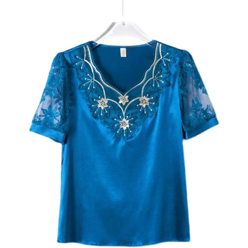 V neck Stitching Satin lace Short sleeve Flower Mesh Top