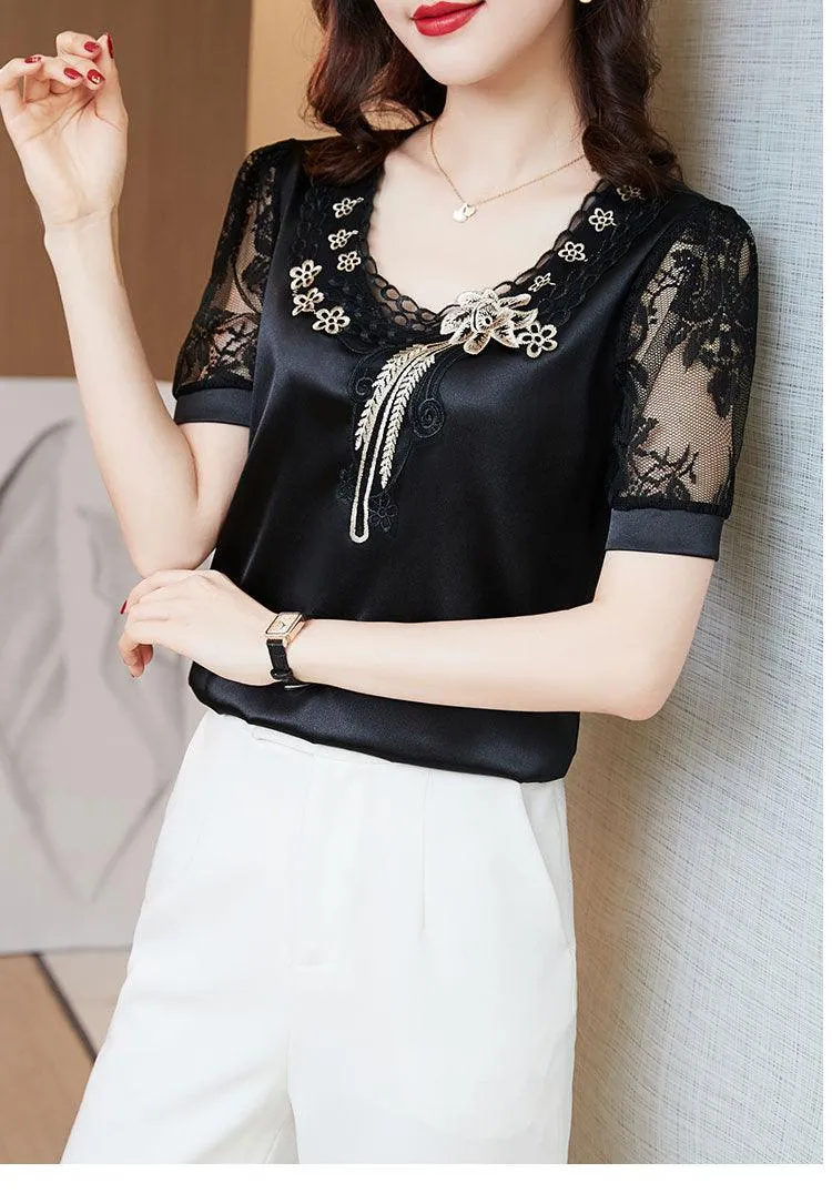 V neck Stitching Satin lace Short sleeve Flower Mesh Top