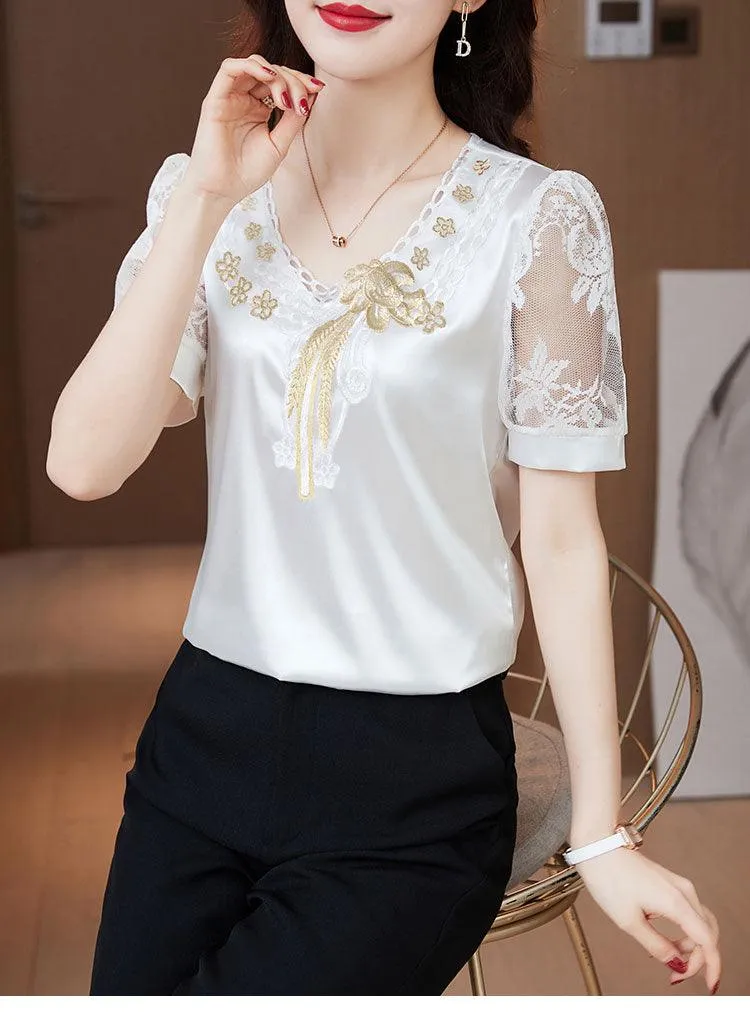 V neck Stitching Satin lace Short sleeve Flower Mesh Top