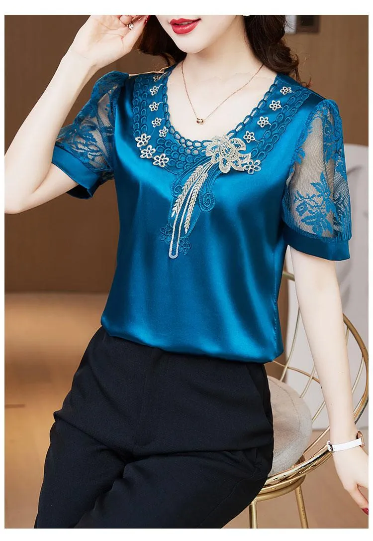 V neck Stitching Satin lace Short sleeve Flower Mesh Top