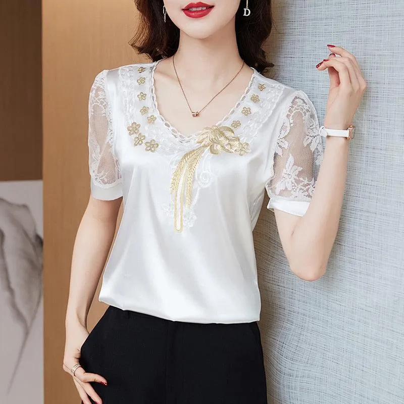 V neck Stitching Satin lace Short sleeve Flower Mesh Top