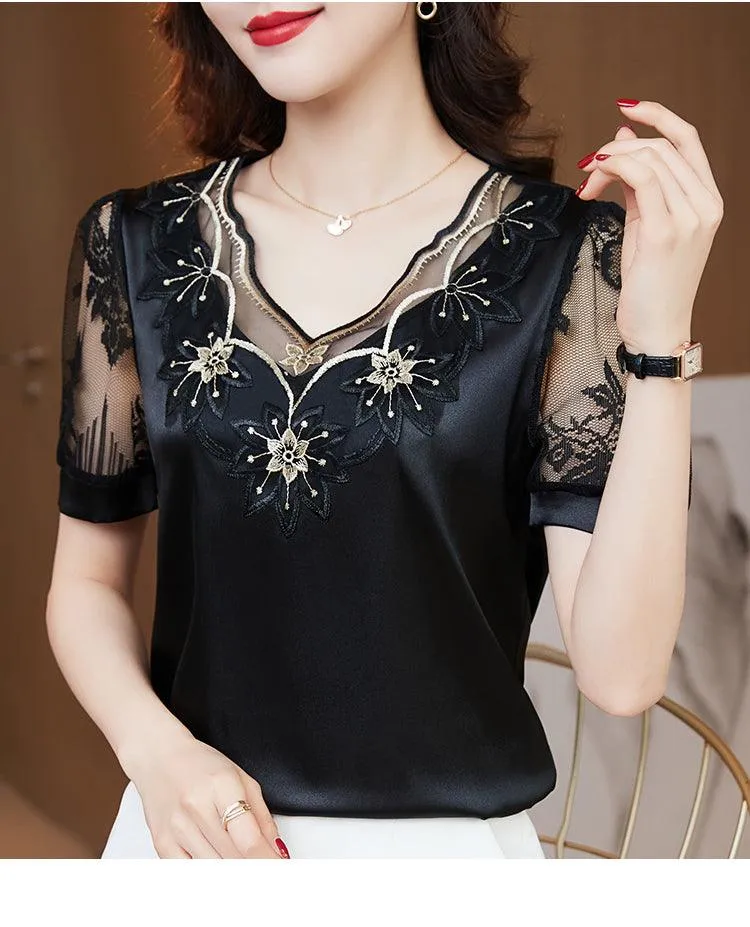 V neck Stitching Satin lace Short sleeve Flower Mesh Top