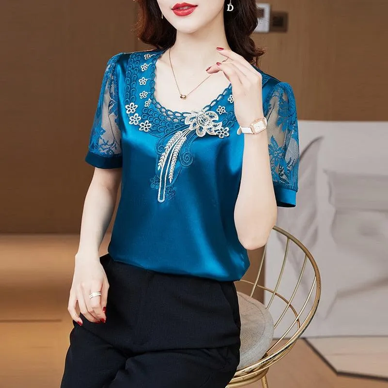 V neck Stitching Satin lace Short sleeve Flower Mesh Top