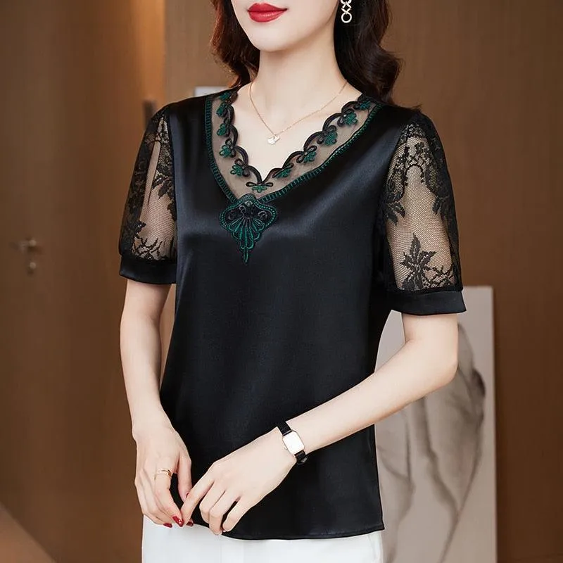 V neck Stitching Satin lace Short sleeve Flower Mesh Top