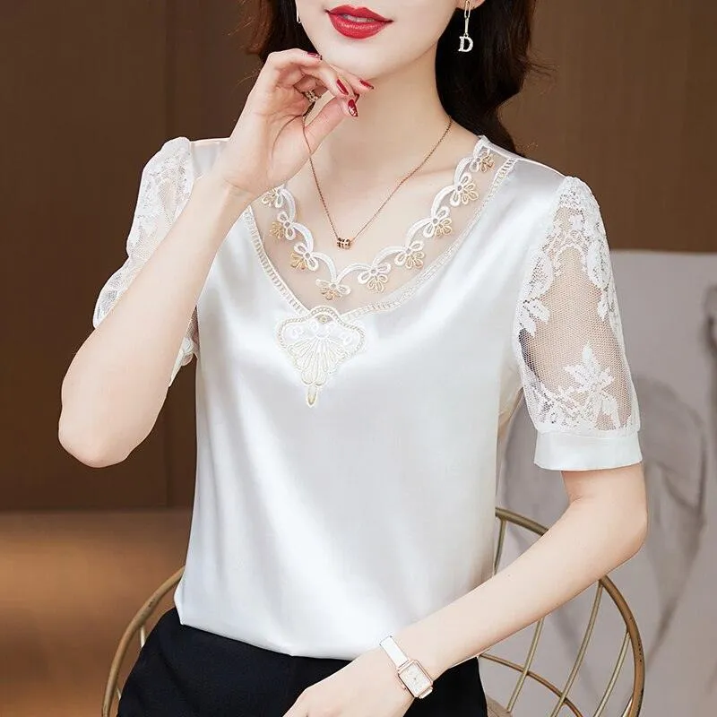 V neck Stitching Satin lace Short sleeve Flower Mesh Top