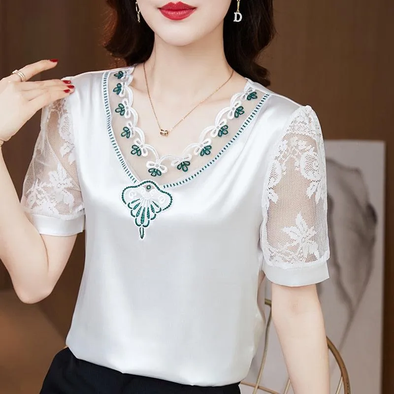 V neck Stitching Satin lace Short sleeve Flower Mesh Top