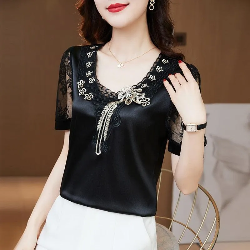 V neck Stitching Satin lace Short sleeve Flower Mesh Top