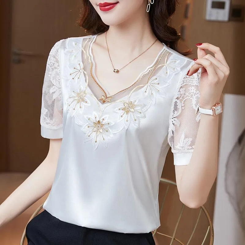 V neck Stitching Satin lace Short sleeve Flower Mesh Top