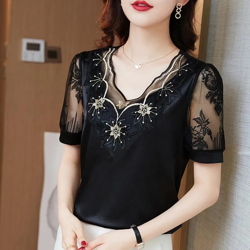 V neck Stitching Satin lace Short sleeve Flower Mesh Top