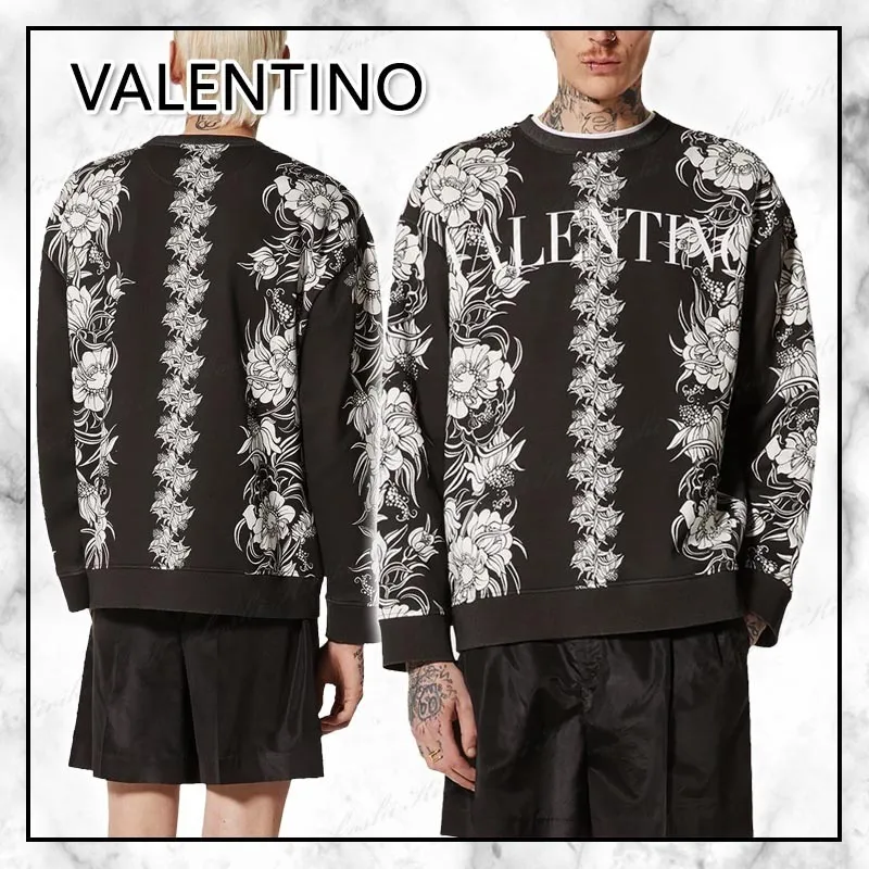 VALENTINO  |Crew Neck Flower Patterns Street Style Long Sleeves Cotton