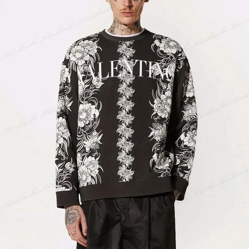 VALENTINO  |Crew Neck Flower Patterns Street Style Long Sleeves Cotton