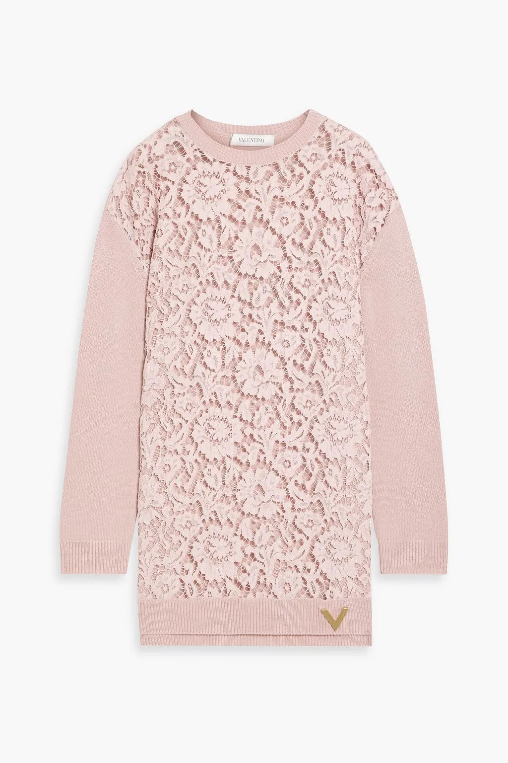 VALENTINO  |Crew Neck Wool Long Sleeves Plain Lace Logo Sheer