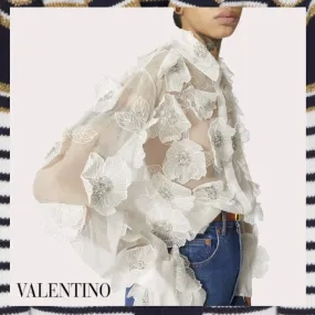 VALENTINO  |Flower Patterns Casual Style Silk Long Sleeves Medium