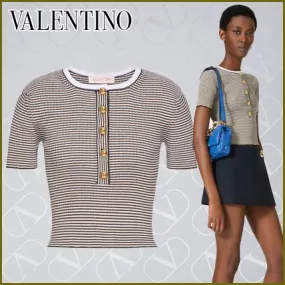 VALENTINO  |Stripes Cotton Short Sleeves Elegant Style Logo