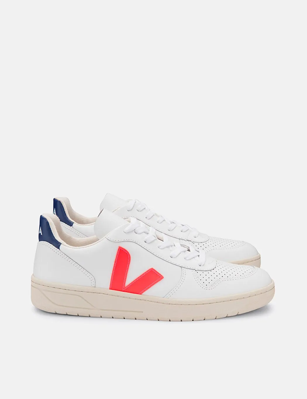 Veja V-10 Leather Trainers - Extra White/Orange Fluo/Cobalt