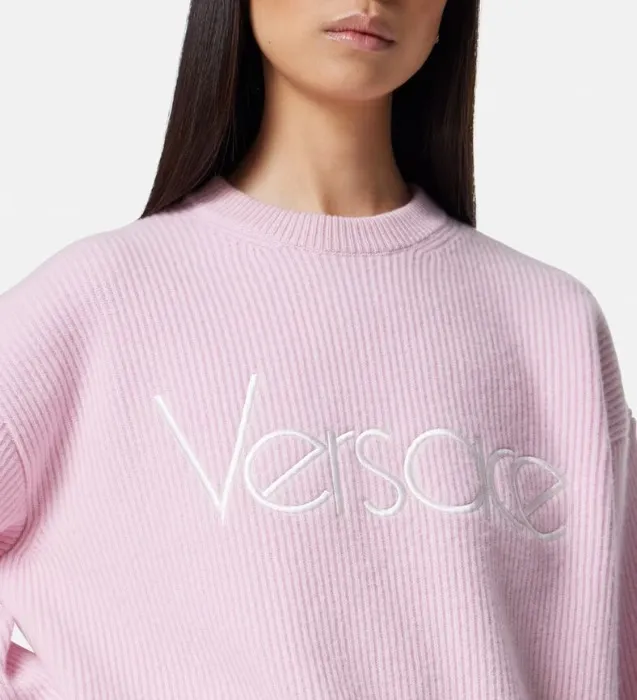 VERSACE  |Casual Style Wool Plain Logo V-neck & Crew neck