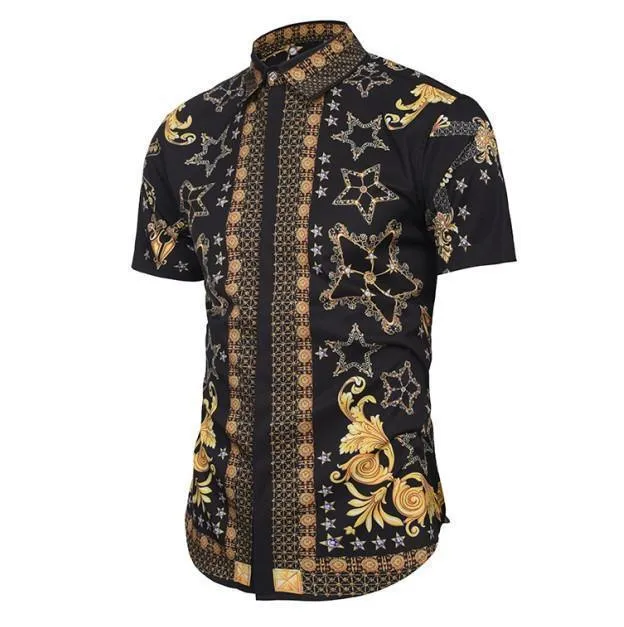 Vintage Men's Flowers Print Shirt Short Sleeve Men Casual Shirt