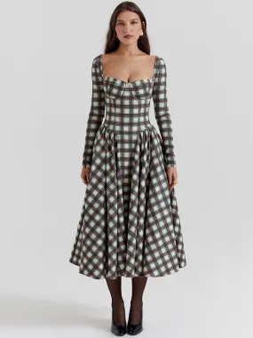 Vintage Plaid Dress Sweetheart Long Sleeves Backless Daily Casual Dresses