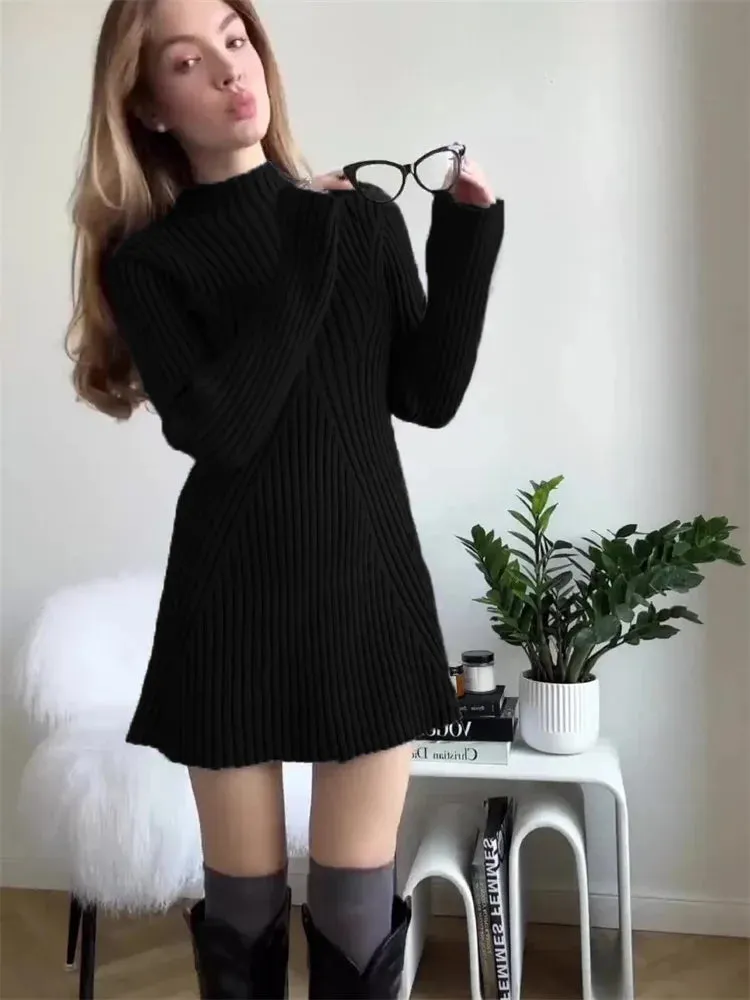 Women Elegant Rib Knitted Mini Dress Sexy Casual Long Sleeve O Neck Slim Dresses