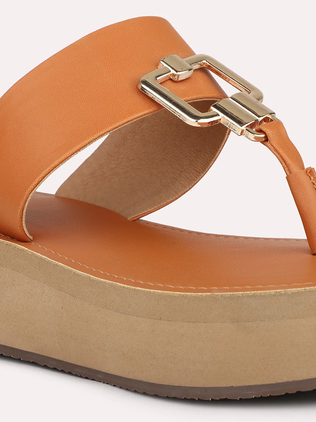 Women Tan T-Strape Open Toe Comfort Sandals with Buckles