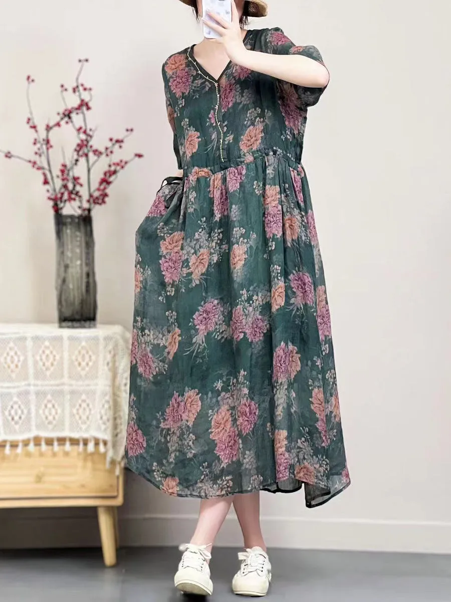 Women Vintage Summer Floral Ramie V-Neck Dress SC1001