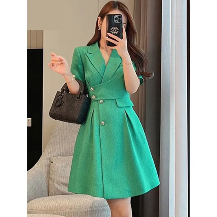 Women's Casual Solid Green Knee Length Zipper Professional Dresses