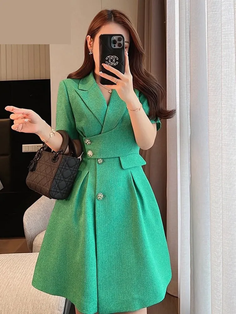 Women's Casual Solid Green Knee Length Zipper Professional Dresses