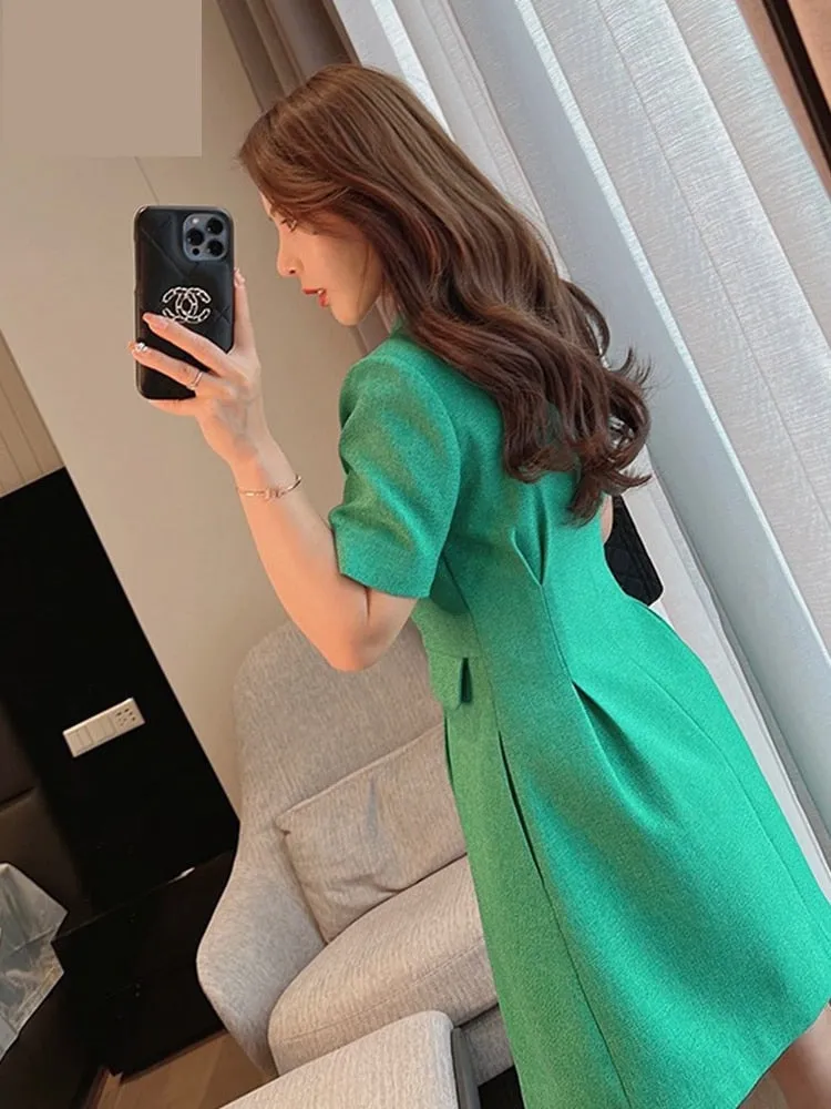 Women's Casual Solid Green Knee Length Zipper Professional Dresses