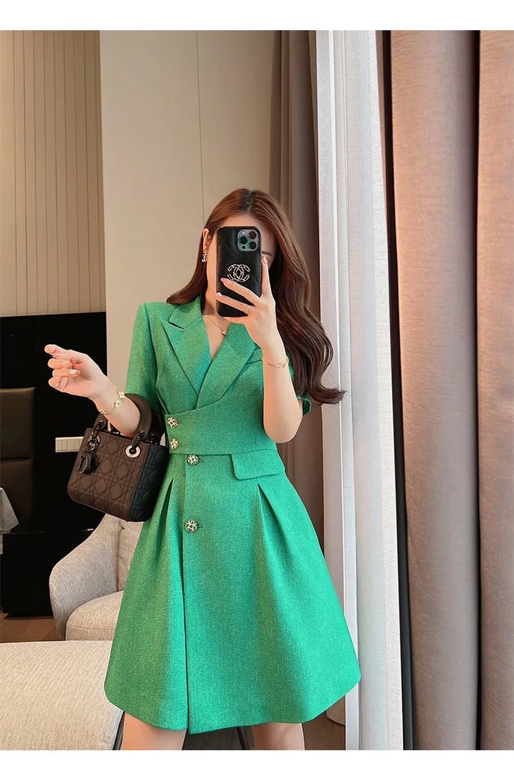 Women's Casual Solid Green Knee Length Zipper Professional Dresses